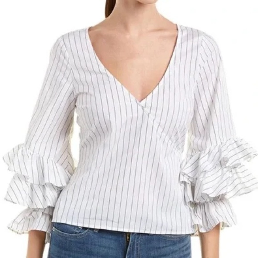 LIKELY WESTON TOP Striped Ruffle Sleeve V Neck
